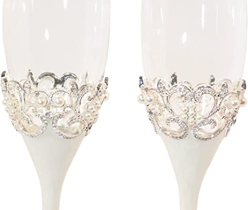Pearl Finish Wedding Champagne Toasting Flutes, Set Of 2 Elegant Ornate Toasting Glasses For Bride And Groom #TOP1