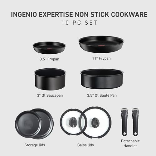 Image of T-fal Ingenio Expertise Non Stick Cookware Set 10 Piece, Induction, Oven Broiler Safe 500F, Stackable Cookware, Pots and Pans Set, RV, Camping, Frying Pans, Dishwasher Safe, Detachable Handle,Black