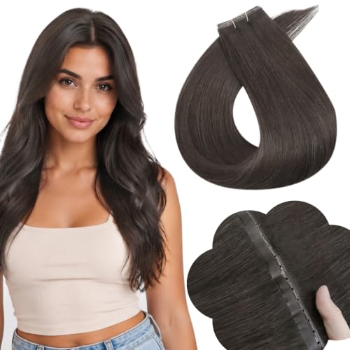 Image of Full Shine Butterfly Weft Hair Extensions, 16 Inch Dark Ash Brown 50G | Invisible Pu Holes Weft, Thin Double Layer, Seamless Micro Beads Installation, Cuttable Hairpiece, Natural Look for Women
