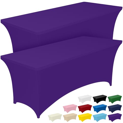 Image of Pureegg Spandex Tablecloth 6ft - 2 Pack, Fitted and Tight Cloth for Rectangle Table, Wrinkle-Free and Stretch Table Cover for Party, Wedding, Banquet and Birthday, Purple