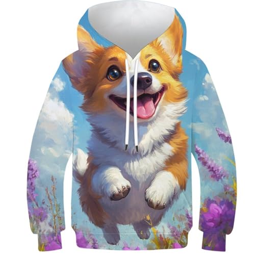 Sweat à capuche enfant imprimé animal pull Corgi 3D ado 13-15 ans unisexe avec grande poche