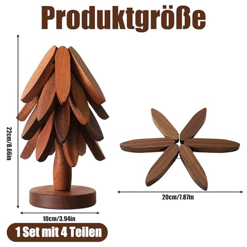 Untersetzer Holz, Topfuntersetzer Set in Walnuss, 4 Stück mit Ständer, Baum Design, für Tisch und Küche, Schutz vor Hitze und Kratzern