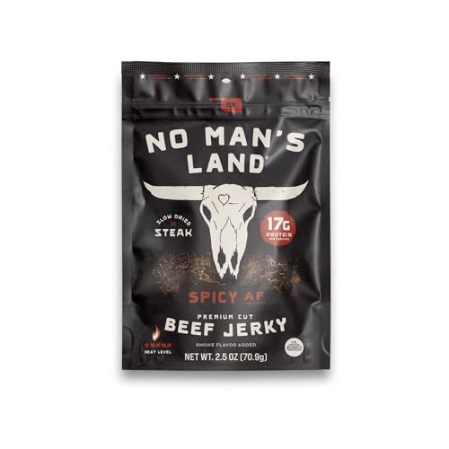 No Mans Land Premium Beef Jerky | 17G High Protein, Low Carb, Low Calorie Beef Snack | Slow-Dried, Smoked & Seasoned Jerky Strips | SPICY AF 2.5oz Bag