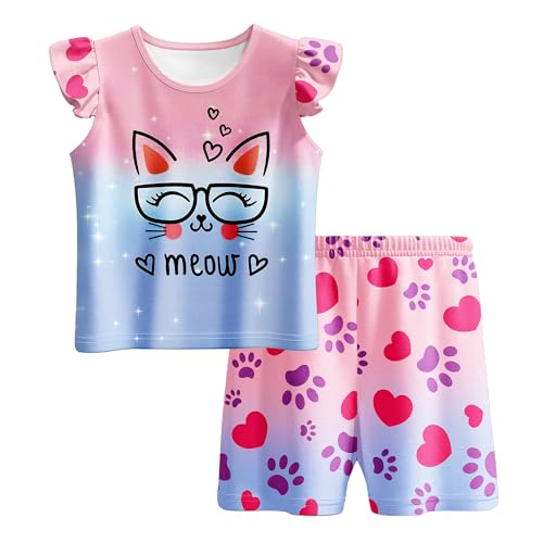 LQSZ Girls Pajamas Set Kids 4 Piece Summer Flutter Sleepwear Toddler Short Sleeves PJs Pajama for 3-10 Years4