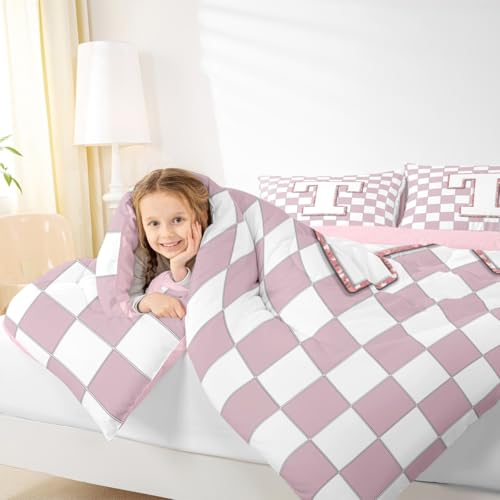 Image of Erosebridal Pink Initial T Comforter Set King Kawaii Plaid Checkered Bedding Set Cute Personalized Monogram Comforter for Kids Girls Teen Women,Fashion Grids Gingham Quilt Duvet