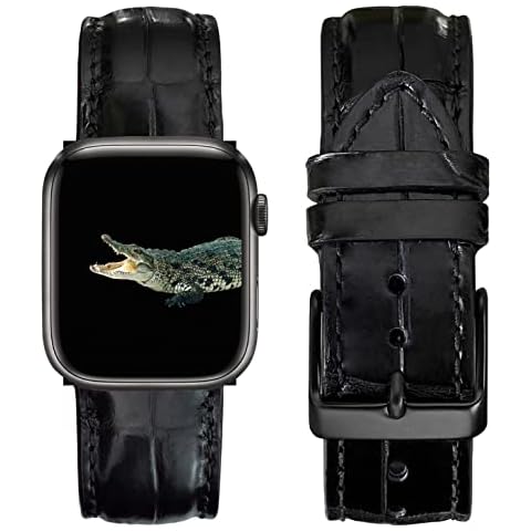 Black Crocodile Leather Band Compatible for Apple Watch 45mm Iwatch Screen Protector Case Men Alligator Replacement Strap Smartwatch Series 8 7 Handmade AW-01-LL Cover