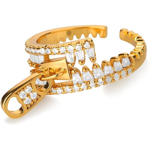 Gold Statement Ring For Women, Elegant Zipper Design Cubic Zirconia Moissanite 14k Golden Plated Non Tarnish Fashion Adjustable Promise Rings For Her Jewelry Gifts