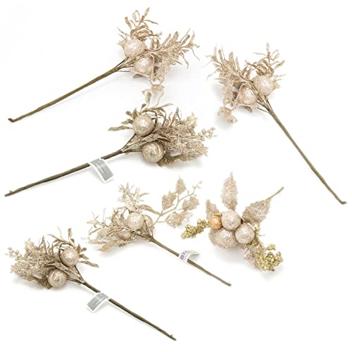 Pack Of 6 Champagne Gold Glitter Christmas Flower Spray Pick | Artificial Holly Stems Christmas Decoration | Xmas Floral Spray Flower Pick