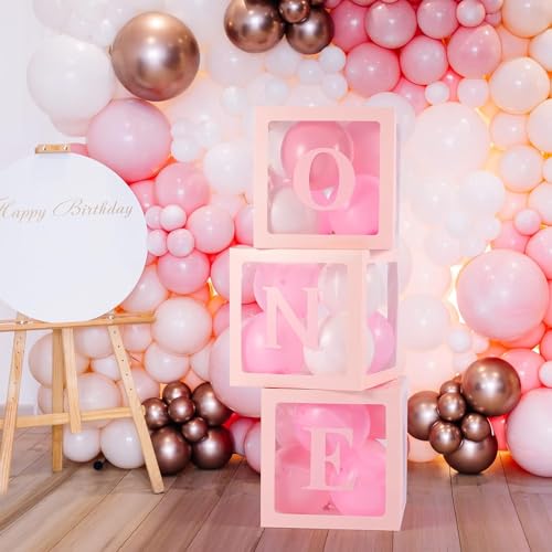 Image of Rozi Decoration Pink Number 1 Balloon Box Set of 3 | 11.8 inch First Birthday Decor Boxes for Baby Girl | 1st Birthday Party Supplies with Clear Window & Letter Cutout