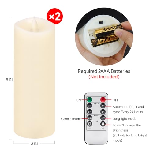 Image of 2PCS, 3 x 8 inches Flameless Candle with Remote Control, 3D Flickering Wick, Real Wax, Battery Candles,with Timer,Battery Powered Candles,for Holiday Home Decor,Ivory