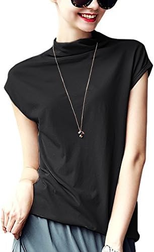 LYOYE Women's Cotton Mock Neck Sleeveless Top Tanks Turtleneck Blouse Plain Shirt Black 2XL