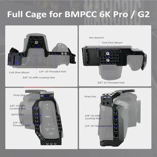 MAGICRIG Camera Full Cage for BMPCC 6K Pro/6K G2,with ARRI Locating Top Handle(with 3 Cold Shoe),T5/T7/T9 SSD Mount Bracket,Cable Clamp,Compatible with Blackmagic Design Pocket Cinema Camera 6K Pro/G2 - Image 5