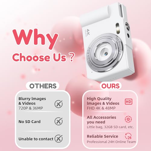 Image of Digital Camera, FHD 4K Digital Point and Shoot Camera with 16X Zoom Anti Shake, 48MP Compact Small Camera with 32GB Card for Boys Girls Kids Rose Pink