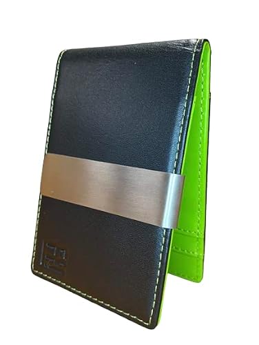 Forrest & Harold F&H Minimalist Men's RFID Blocking Wallet, Slim Leather Wallet Money Metal Clip Holds 8 Cards, Back and Front Pocket Wallets, Black/Lime