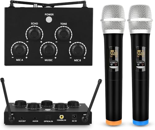 Portable Karaoke Mic Mixer System with UHF Wireless Mics