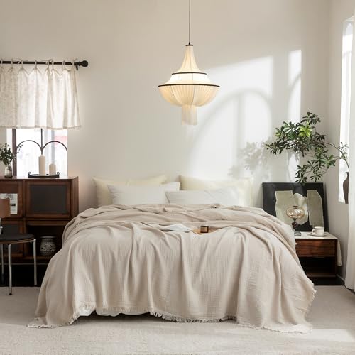 FOSSA Muslin Blanket with Fringe - 4-Layer 100% Cotton Gauze Supe...