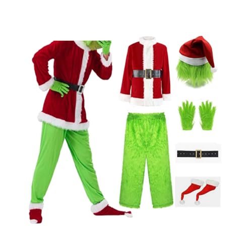 Aunaeyw Christmas Costume Set - Santa Claus Hat, Top, Boots, Green Hair Monster Mask, Gloves, Cosplay How Stole Christmas - Including Mask, Xmas Funny Cosplay Props (M, Red-1)