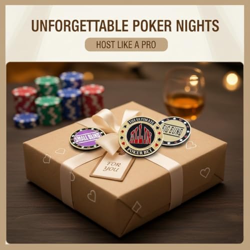 AEUXZA 3 Stück Poker-Button Set im Etui (Metall-Münzen), All-in, Small Blind, Big Blind