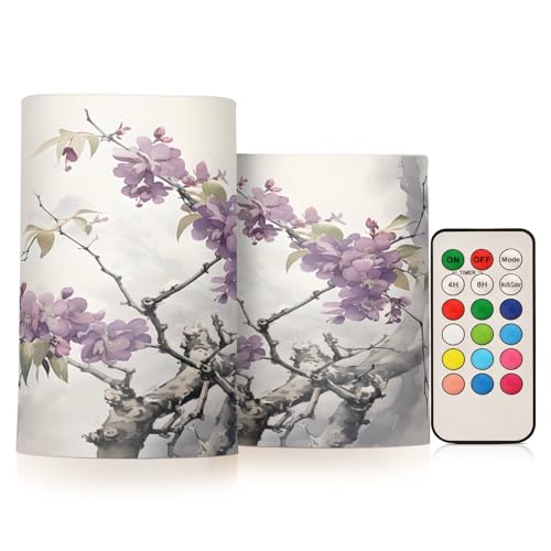 ALAZA Spring Purple Flowers Branch Flickering Flameless Candles Battery Operated with Remote Timer,Tea Light Candles LED Pillar Votive Candles Set of 2 for Outdoor Indoor Decorations
