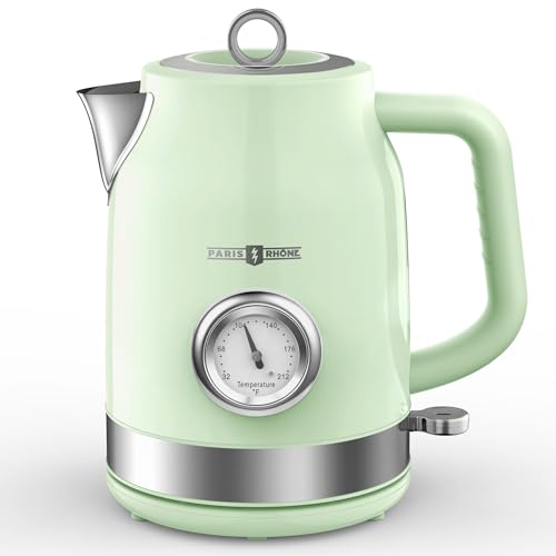 Image of Retro Electric Kettle, PARIS RHONE 1.7L Hot Tea Kettle with Thermometer, 1500W Fast Heating, Cordless Design, LED Indicator, Auto Shut-Off & Boil Dry Protection