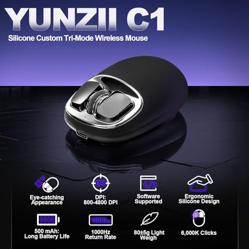 Image of YUNZll C1 Silicone Wireless Mouse | 6-Level DPI,Up to 4800,Optical Tracking,500mAh 2.4G /USB-C /BT,Custom Mice for Laptop, Computer, iPad, MacBook (Black Silver)