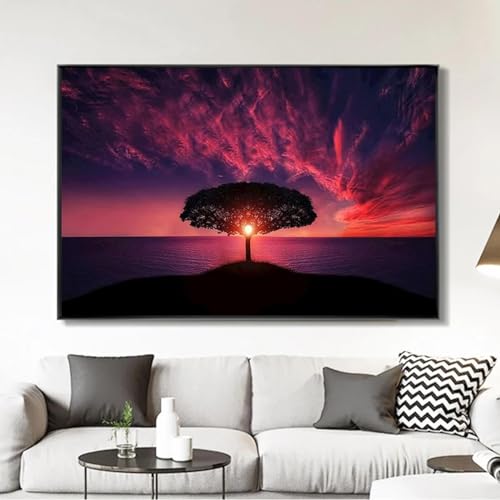 Peinture toile paysage coucher de soleil rouge 70x100 cm pour salon