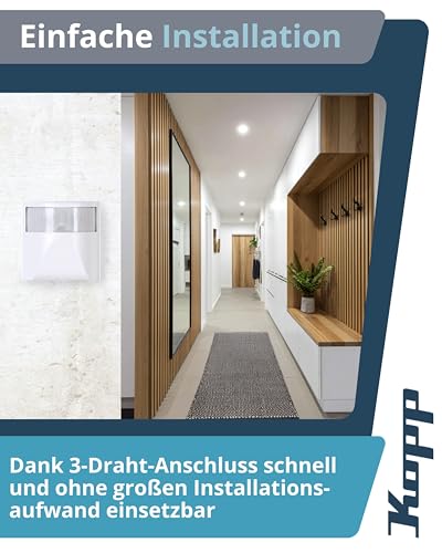 Kopp INFRAcontrol R 180° UP Infrarot-Bewegungsschalter in Arktisweiß - 3-Draht-Bewegungsmelder mit 10m Reichweite - Einstellbare Einschaltdauer & Dämmerung - Für Lasten bis 1000 W, 230 V~