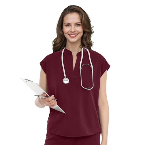 Anwrtuk Medizinisches OP-Oberteil für Frauen, medizinische Arbeitskleidung mit Stehkragen, leicht und atmungsaktiv für medizinisches Fachpersonal (Burgunderrot, XL)