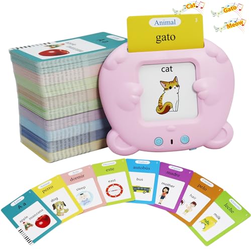 Image of Spanish & English 510 Words Alphabet Bilingual Talking Flash Cards for 3-8 Years Toddlers, Pocket Speech Buddy Therapy Autism Toys, Educational Learning Interactive Toy for Boys Girls Kids Gifts Pink