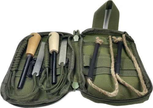 OTXEER Flint and Steel Fire Starter Kit, Ferro Rods Magnesium Fire Starter Survival Tool Camping Emergency Fire Lightning Striker, Tinder Wick Rope, Multifunctional Outdoor Bag(Green - More)