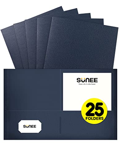 SUNEE Carpetas con bolsillos (paquete de 25, azul oscuro), 2 carpetas de bolsillo para papel de tamaño carta, carpeta de archivos de papel para escuela, oficina, hogar y negocios