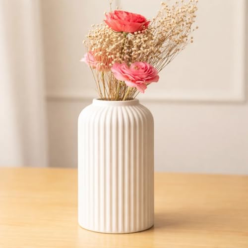 Image of SPHINX White Ceramic Donut Vase, 6 Inch Donut and 6 inch Ribbed Modern Flower Vase for Pampas Grass, Dried Flowers, Home & Office Decor, Centerpiece, Handcrafted Gift Vase (Pack of 2 Only)
