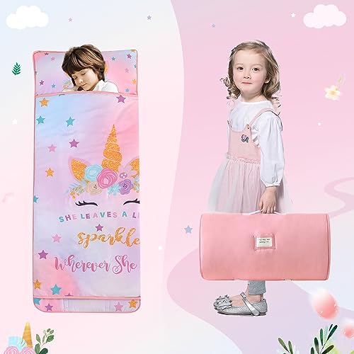 Image of Toddler Nap Mat with Pillow, Large Rolled Unicorn Nap Mat Daycare | Toddler Sleeping Bag, Nap Mats for Daycare, Preschool, Travel Sleeping Bag for Girls, Toddler Nap Mat Sleep Mat for Daycare