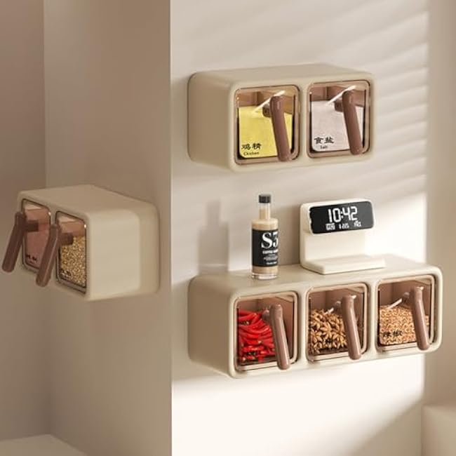 Space Saving Kitchen Holder Simple Seasoning Storage Container Wall Hanging Multiple Grids Jars with Spoon