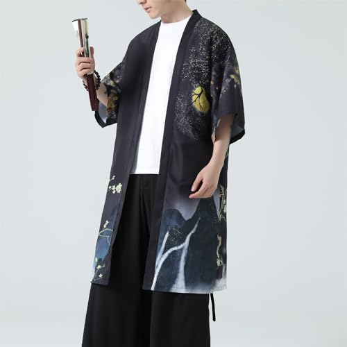 Seidarise Men’s Demon Slayer Haori, Long Kimono Cardigan Jacket Japanese Style Flying Crane Seven Sleeves Open Front Coat