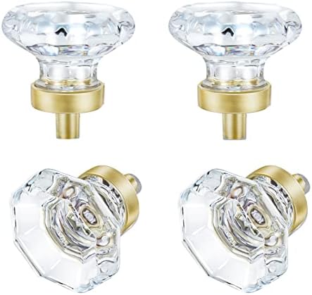 HIEMEY Clear Glass Crystal Cabinet Knobs Satin Brass, Gold Pulls and Knobs for Cabinet Dresser Drawer(4Pcs,Octagon)