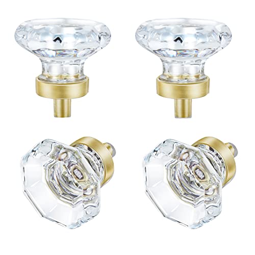Hiemey Clear Glass Crystal Cabinet Knobs Satin Brass, Gold Pulls And Knobs For Cabinet Dresser Drawer(4Pcs,Octagon) #TOP18