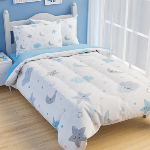 Image of SANDJEST Star and Moon Comforter Set Twin Size 68x86in for Kids Boys Girls Unisex, Microfiber 3 Pcs Bedding Set Includes 1 Comforter, 1 Pillowcase, 1 Fitted Sheet, Nursery Room Decor