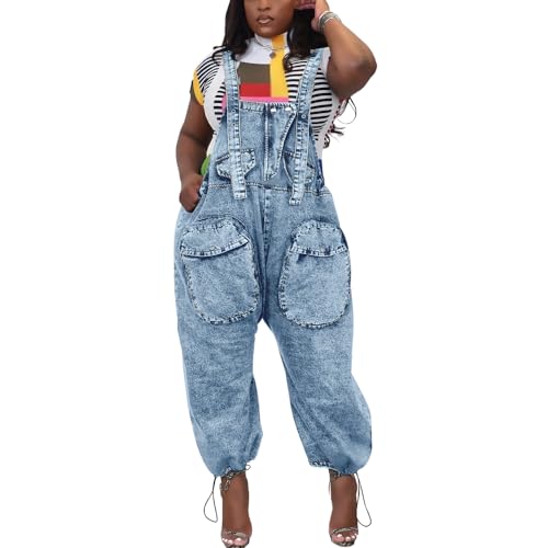 HTD Women's Bib Denim Overalls Loose Wide Leg Jean Jumpsuit With Cargo Pockets Blue XXL
