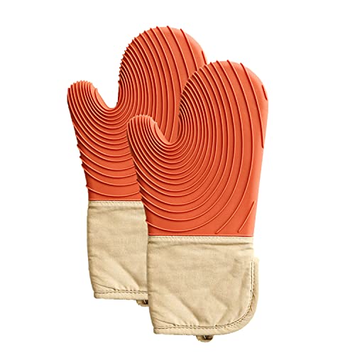 Silicone Oven Mitt, Oven Mitts with Quilted Liner, Heat Resistant Pot Holders, Heavy Duty Cooking Gloves Flexible Oven mits, Heat Resistance, Non-Slip Textured Grip (Orange)