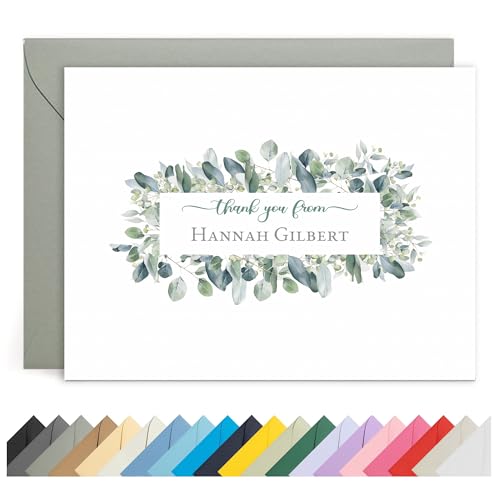 Personalized Stationery Note Cards with Envelopes – Custom Name With optinal Greeting,12 Flat or Folded Cards & Colored Envelopes Crush Resistant Packaging (Eucalyptus)