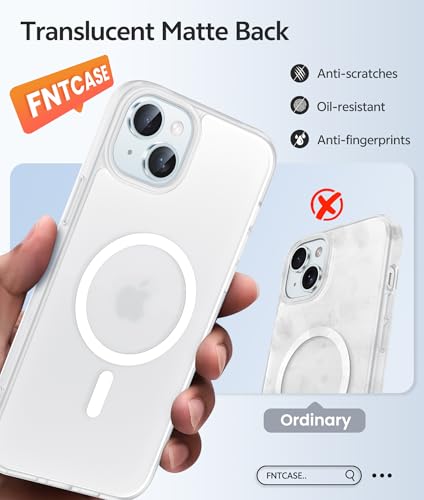 Image of FNTCASE for iPhone 15 Case: for iPhone 14 Case & iPhone 13 Case [Compatible with Magsafe] Translucent Matte Cases with [Screen Protector] Military Grade Shockproof Protective Phone Cover - White