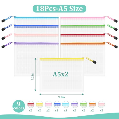 Image of 18pcs Mesh Zipper Pouch Bags Small, A5 9.5x7.2 Inches, 9 Colors Zipper Pouches for Organizing, Puzzle Storage, Travel, School, Office Supplies