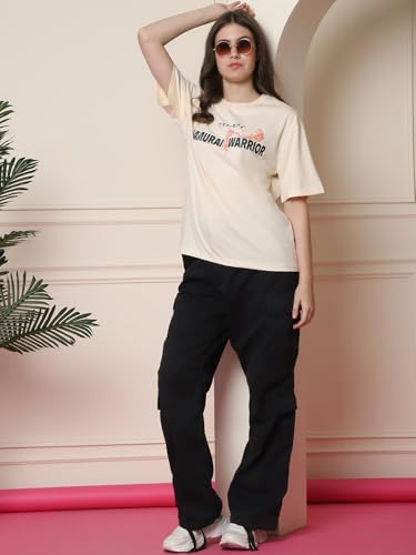 Image of Fabflee Oversized Cotton Baggy Drop Shoulder Graphic Tee with Half Sleeves | Korean Casual Loose T-Shirt for Women