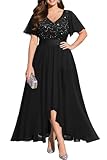 Plus Size Formal Dress Black Long Wedding Guest Elegant Evening Cocktail Party Prom Gala Sequin Lace Hi-Lo Gowns Women