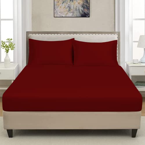 CHARKHAH Polycotton Fitted Sheet for Single Double King Super King Bed 200 Thread Count Anti Wrinkle Plain Bedding 25 cm Extra Deep Fitted Sheets Cover with Elastic Edges (Red