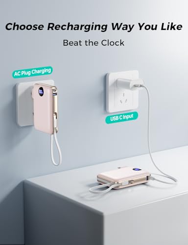Image of Portable Charger with Built-in Cables & Wall Plug, 10000mAh Power Bank, 4 Outputs 22.5W USB C Fast Charging, Mini Travel Essentials Battery Pack with LED Display for iPhone /iPad /Samsung etc RoseGlod