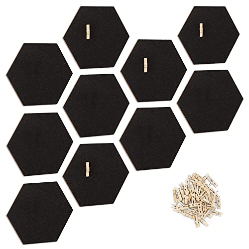 Navaris Hexagon Cork Board Tiles (Set Of 10) - Self Adhesive Cork Board Tiles For Walls 5/8 Inch Thick - Includes 50 Wood Push Pin Clips - Black #TOP5
