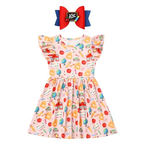IMEKIS Toddler Kids Girls Back to School Dress with Hair Bow Pencil Print Kindergarten First Day of School Outfit 4-7T