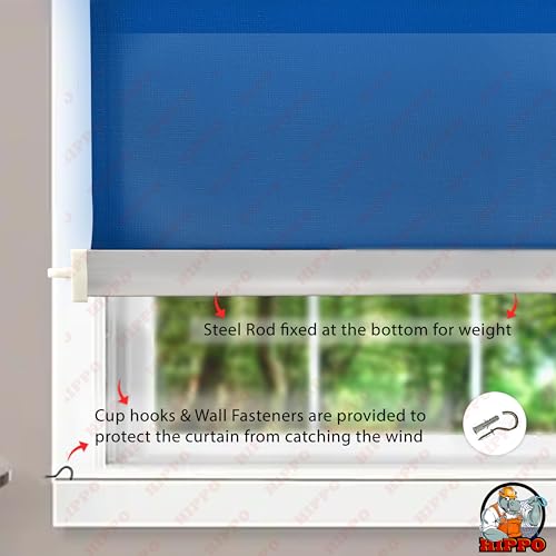 Image of HIPPO 180 GSM HDPE Outdoor Balcony Roller Blind, UV & Dust Protection Corded Roll Up and Down Light Filtering Blinds for Garden (Blue, 3FTX5FT)